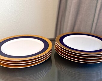 Cobalt Blue 24K Gold Dinner Plates Salad Bowls YAMASHIGE Japan