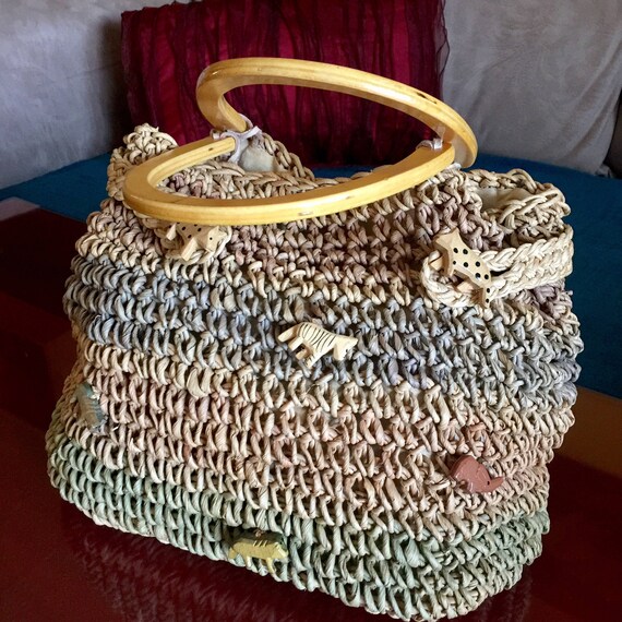 Safari Straw Purse Basket Weaved Animal Wooden Ha… - image 3