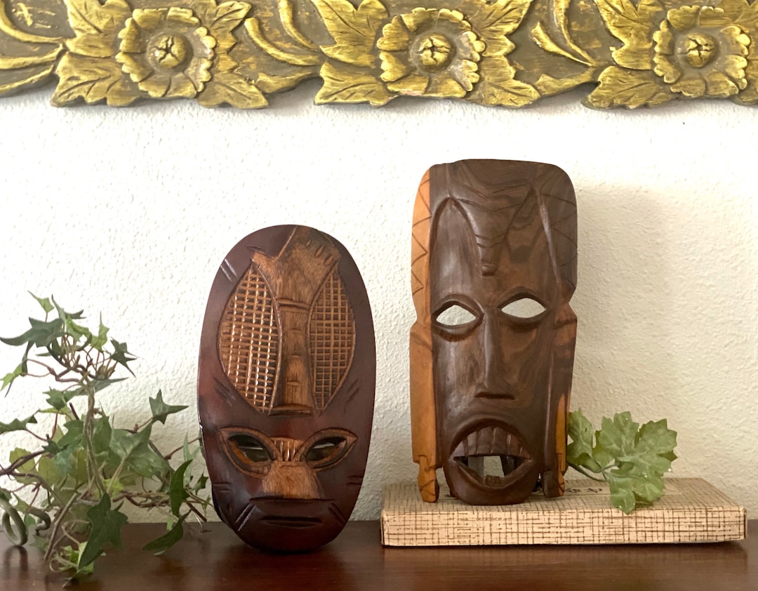 Carved Wooden Face Mask Indonesian Tiki Decor Ethnic People