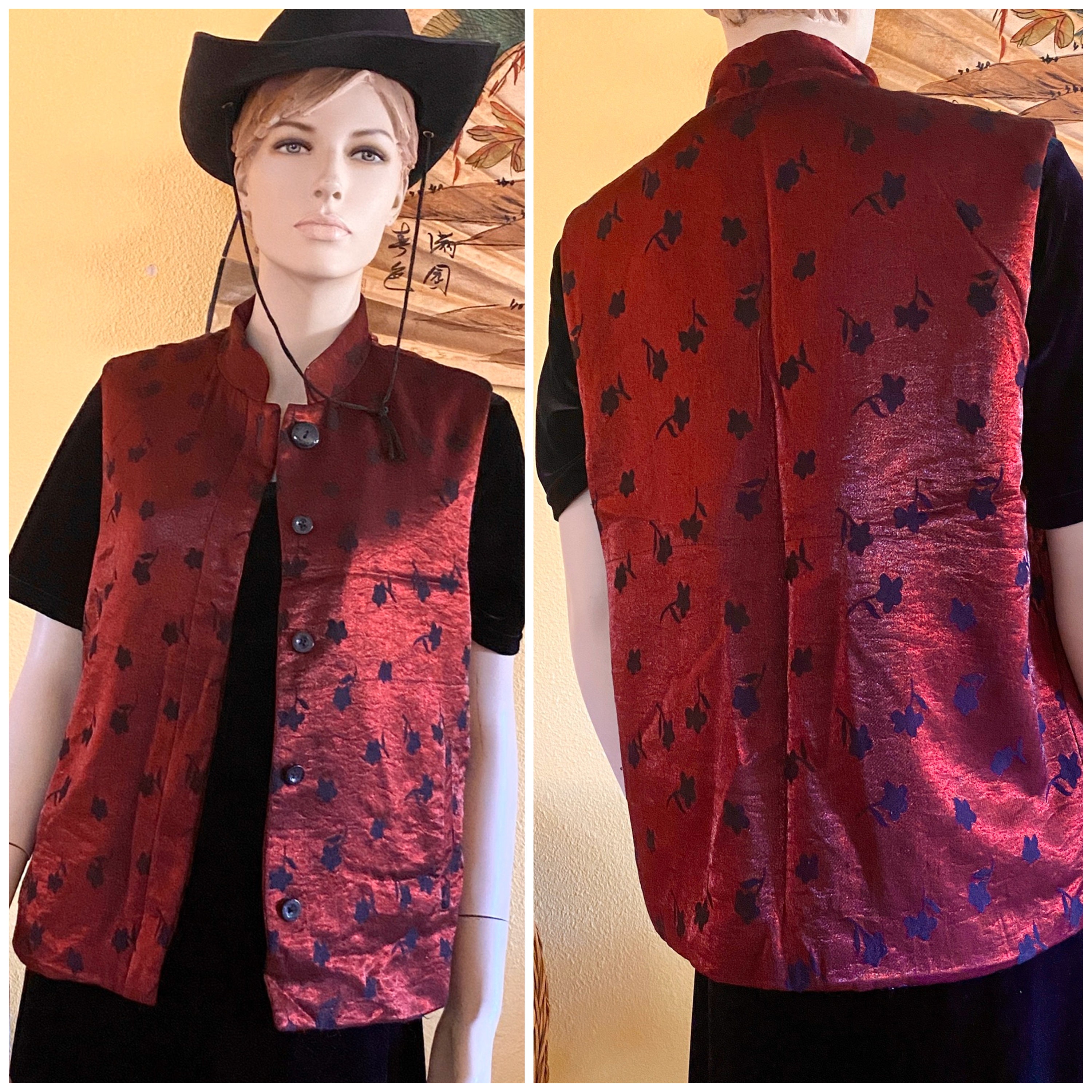 Burgundy Red Vest Chinese Collar Mandarin Paris Vanex Shimmery