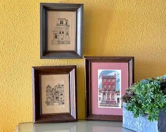 Victorian House Art Print Wooden Frame Wall Art Old City Village Town Gallery Wall Renaissance Architecture Illustration Drawing 1950s