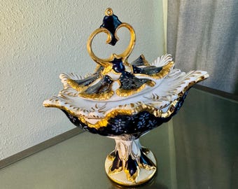 Cobalt Blue Gold Footed Dish Rare Romania Porcelain Alba Iulia Finial Vase Victorian Art Fragonard Gold Floral Wedding Dish Centerpiece
