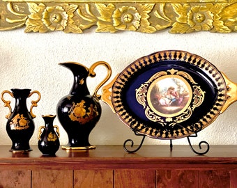 Cobalt Blue Limoges France Castel 22K Gold Colonial Art Fragonard Vases Amphora Victorian Courting Couple Platter Neoclassical Renaissance