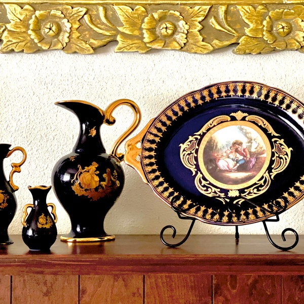 Cobalt Blue Limoges France Castel 22K Gold Colonial Art Fragonard Vases Amphora Victorian Courting Couple Platter Neoclassical Renaissance