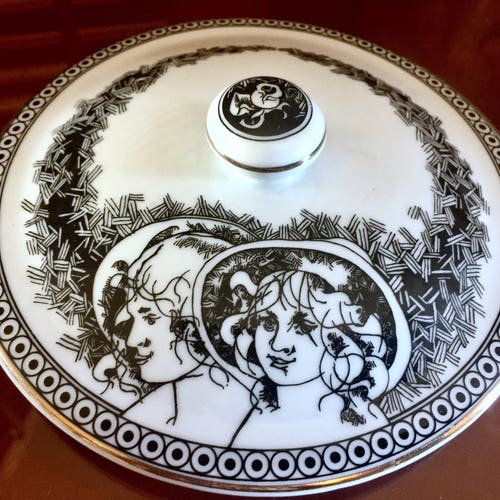 Endre Szasz Art Deco Box Jewelry Dish Porcelain Container shops Victorian Couple Portrait 1920s Bridal Gift Gold Wedding Vanity Decor Black White