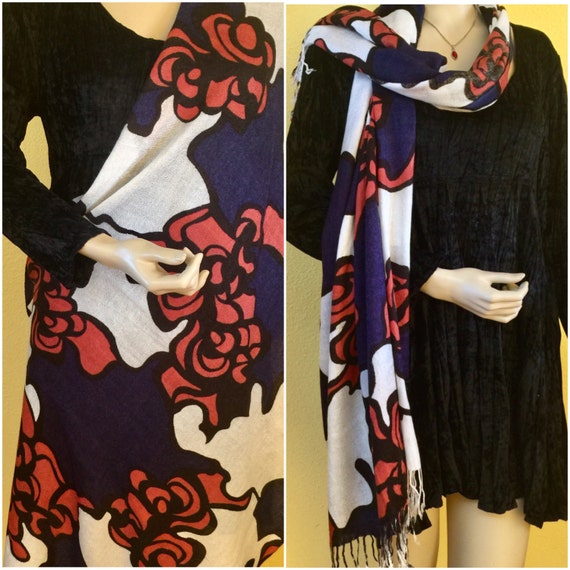 Floral Shawl Coral Red White Blue Scarf Long Frin… - image 3