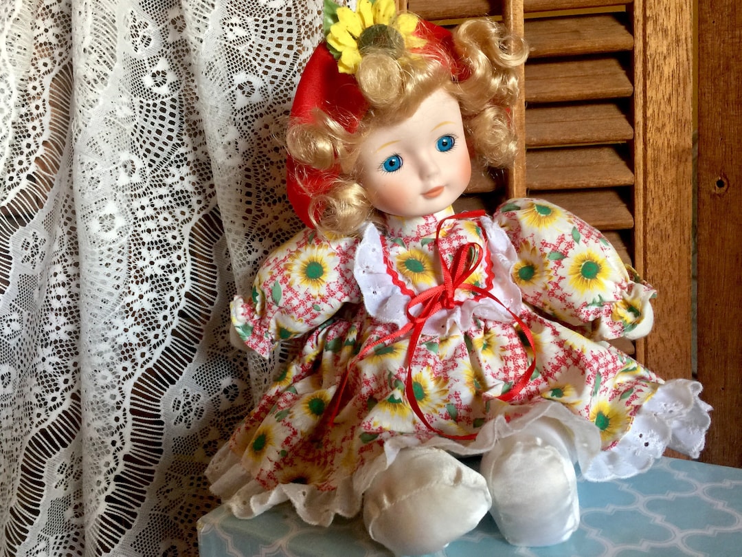 Sunflower Dress Musical Doll Porcelain Winding Face Bisque Cottage