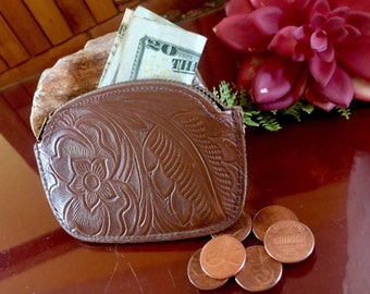Genuine Leather Tooled Pouch Western Brown Money Bag Coin Wallet Mini Purse Floral Art Vintage Zippered Mens Women Country Cowboy Traveler
