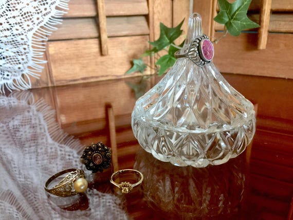 Lead Crystal Bowl Finial Lid Jewelry Holder Jar H… - image 2