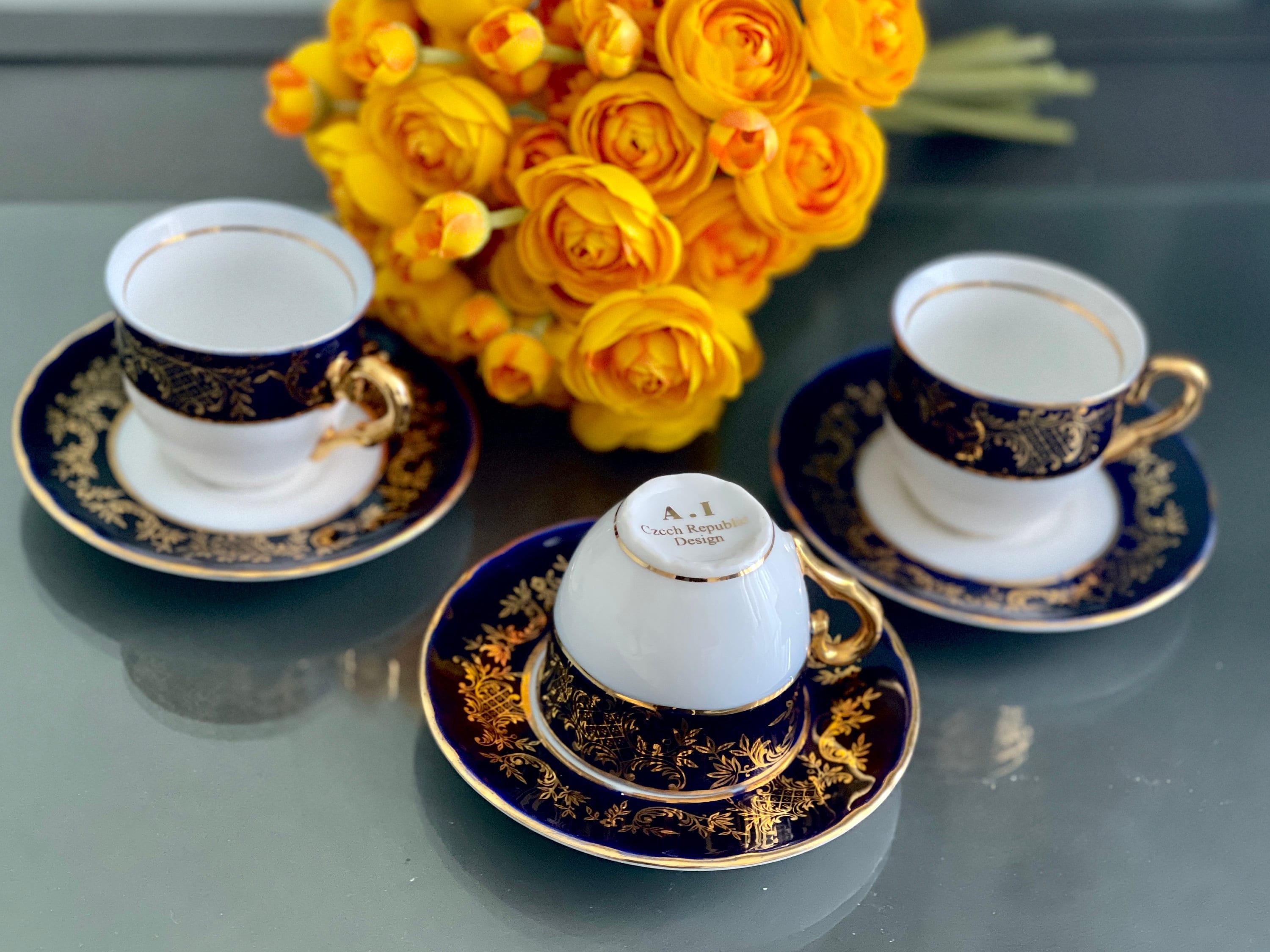 Cobalt Blue Coffee Cups Czech Porcelain Demitasse Creamer Serving