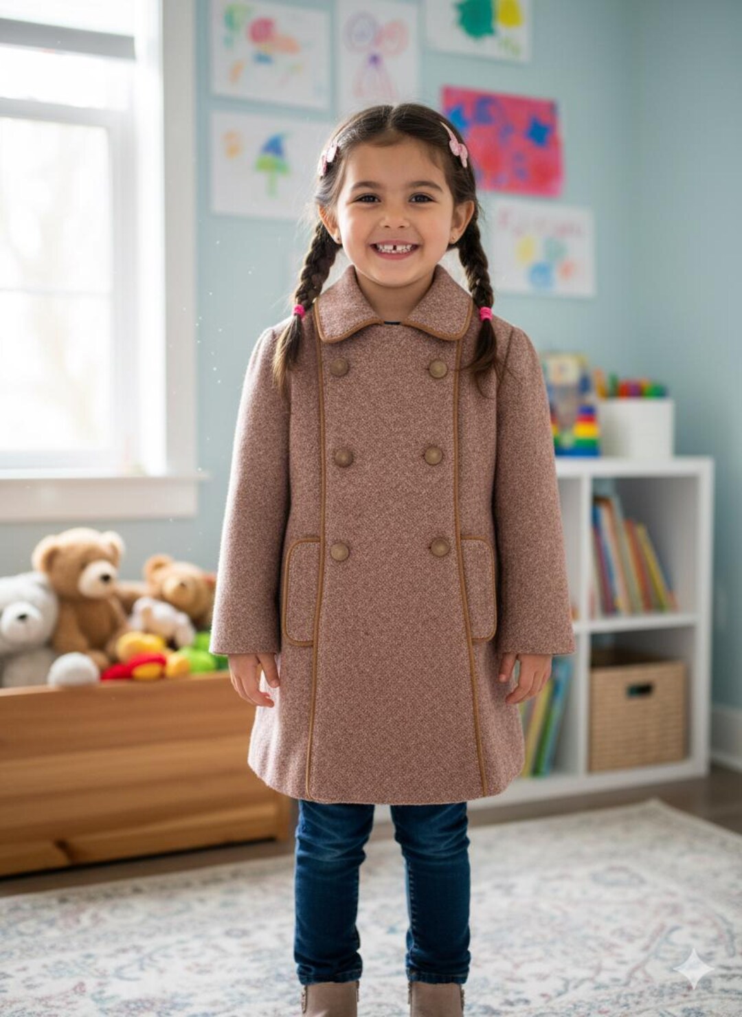 Kids Retro Coat Sanyo Japan Brown Pink Swing 1940s 1960s Double