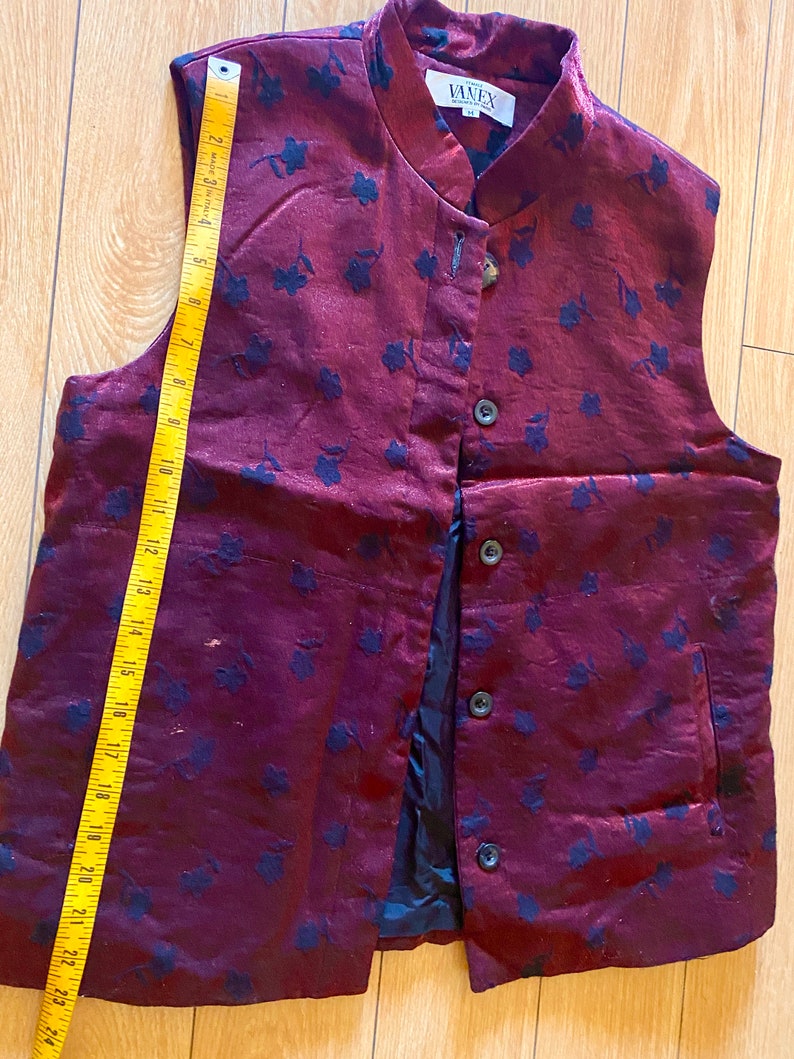Burgundy Red Vest Chinese Collar Mandarin Paris Vanex Shimmery Fabric Floral Formal Sleeveless Jacket Button Pockets Boho Blazer Cheongsam