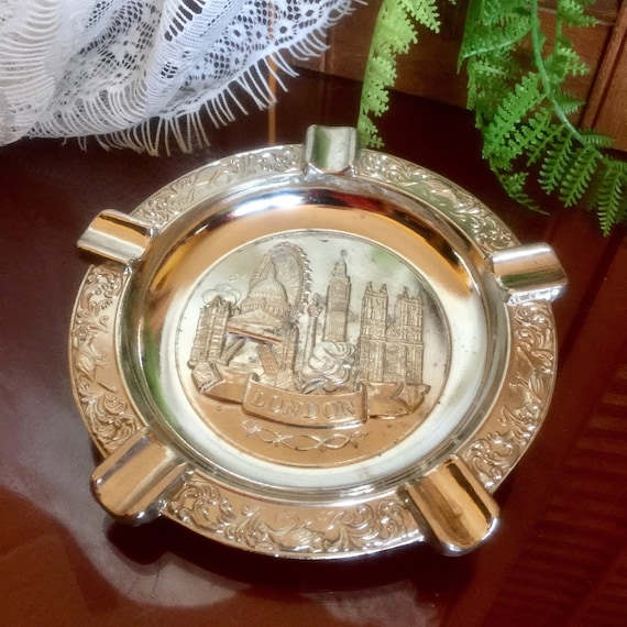 Cigarette Ashtray London Metal Repoussé Silver Tray Big Ben Cityscape  Architectural Art Tower Bridge Tourist Bar Table Ornate Groom Gift