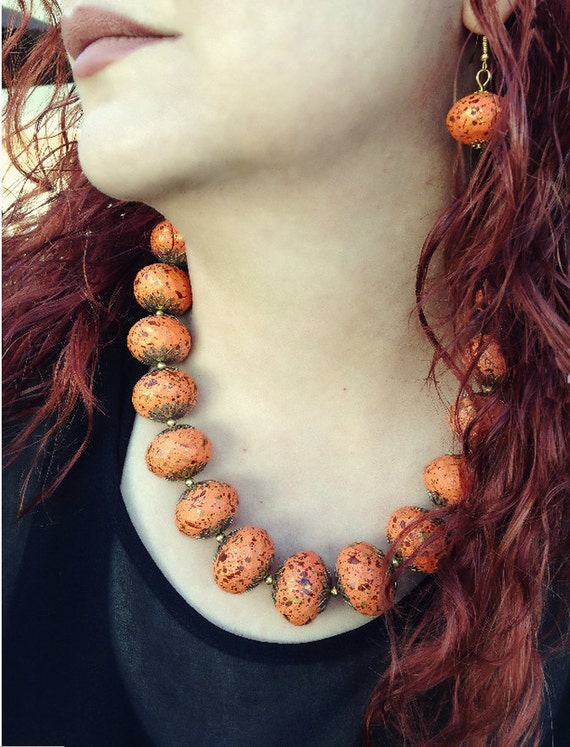 Orange Beaded Statement Necklace Sphere Earring S… - image 3