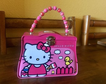 Hello Kitty Tin Purse Lunch Box Beaded Handle Pink Girls Gift