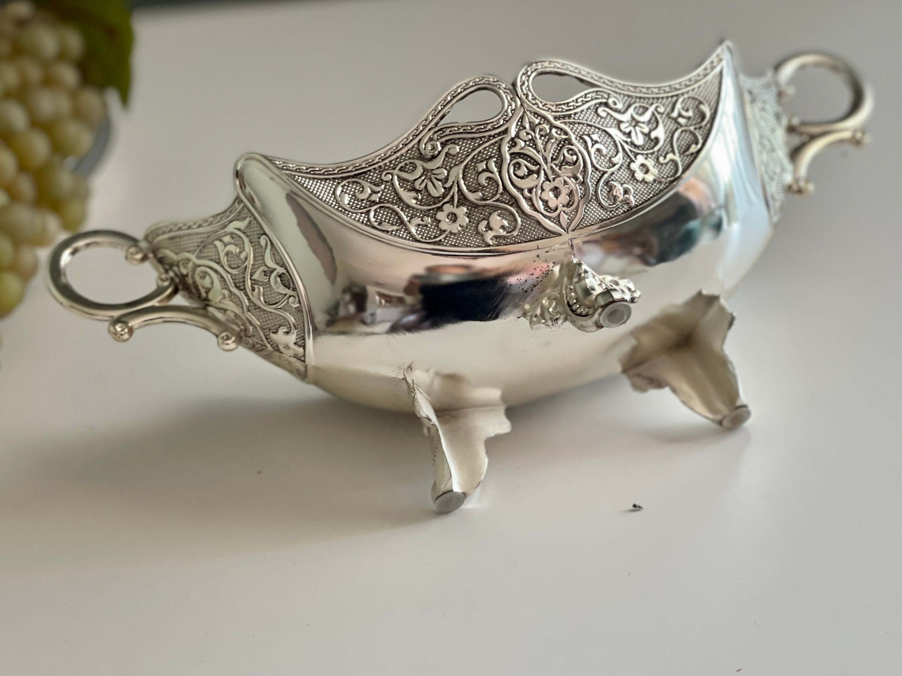 Repoussé Oval Bowl Footed Metal Dish Floral Ornate Victorian Wedding ...