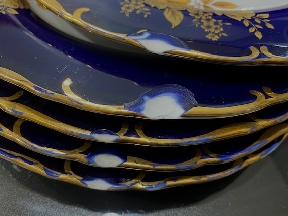 Germany Porcelain Plates Cobalt Blue Gold Roses Victorian Serving