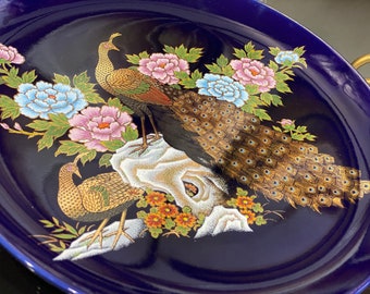Peacock Platter Floral Japan Plate Cobalt Blue Ceramic Bird Gold