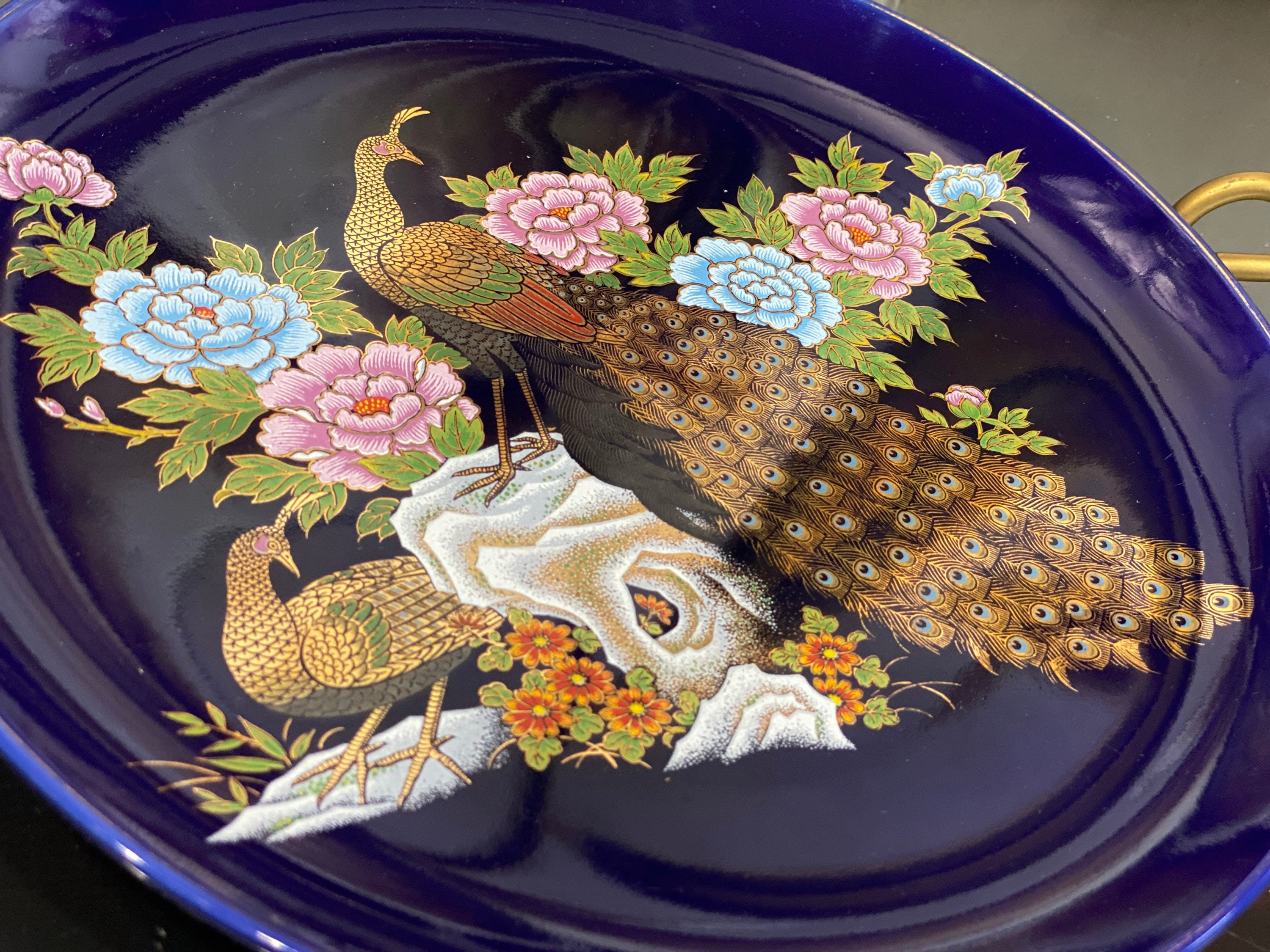 Peacock Platter Floral Japan Plate Cobalt Blue Ceramic Bird Gold