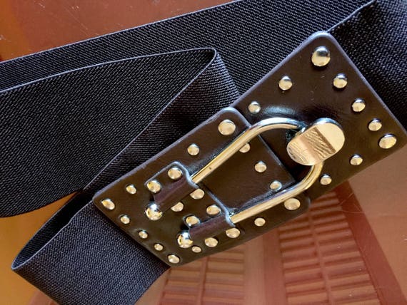 Vintage Wide Elastic Belt with Metal Studs and Buckle Women Vintage Wide Elastic Belt Studded Stretchy Waist Belt  main image 2
