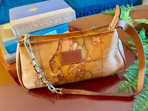 Alviero Martini Shoulder Purse Italian Tan Leather Map Handbag Vintage Geo  Classic Print Traveller Gift Rustic Chain Strap Zip Closure 