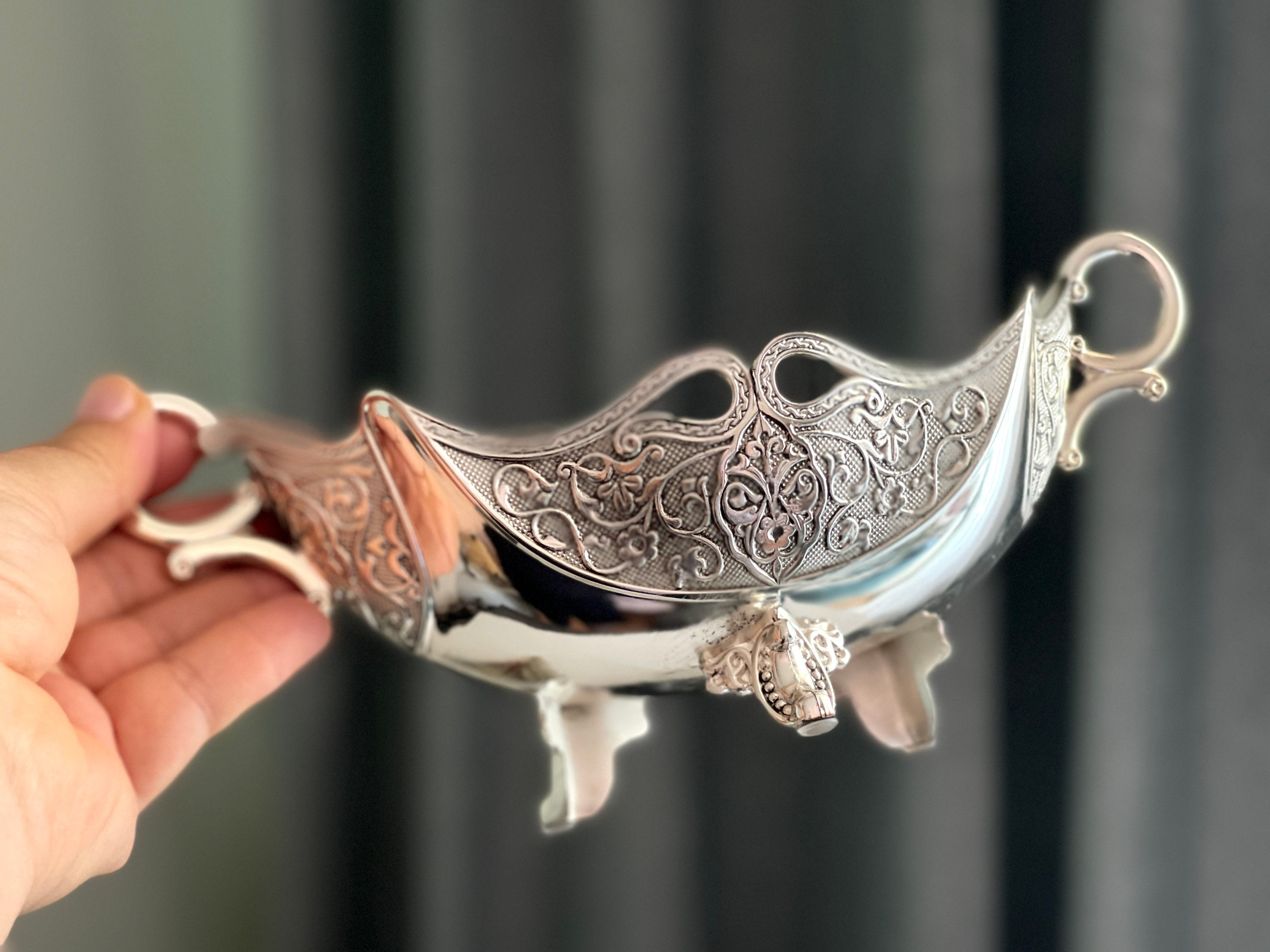 Repoussé Oval Bowl Footed Metal Dish Floral Ornate Victorian Wedding ...