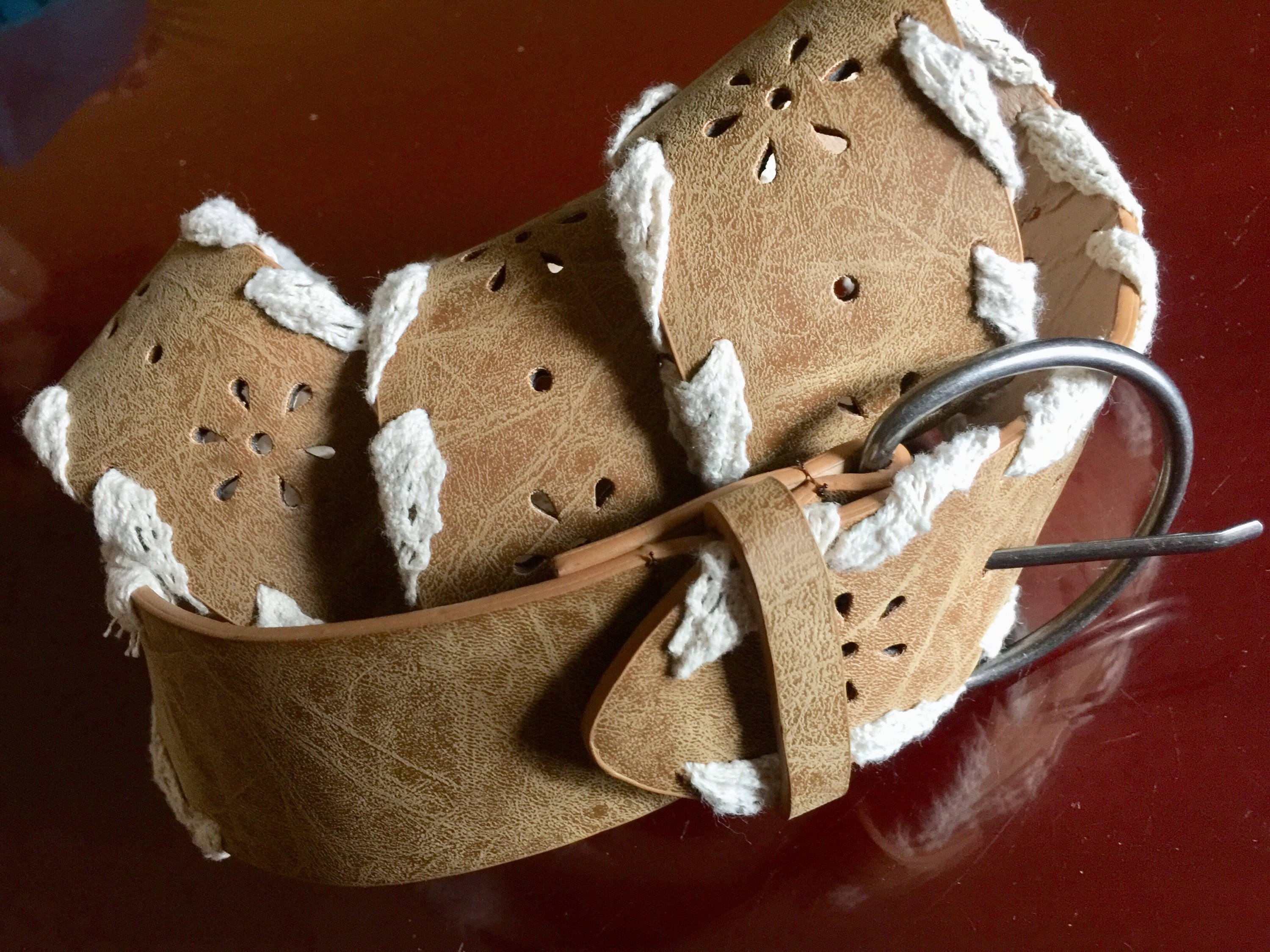 Bohemian Faux Leather Crochet Lace Belt Brown/Cream Sz L  Boho  NWOT! Light Brown Belt Leather Floral Laser Cut Lace Crochet Tan  main image 4
