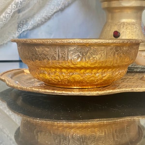 Antique Gold Brass Samovar Tray Bowl Persian Tea Serving Ancient Achaemenid Empire Art Warming Footed Repoussé Ornate Wedding Decor Rustic image 3