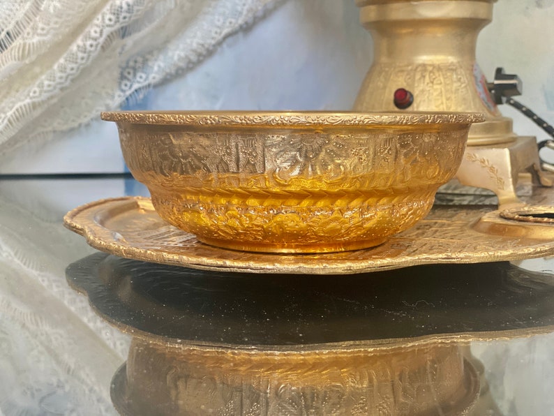 Antique Gold Brass Samovar Tray Bowl Persian Tea Serving Ancient Achaemenid Empire Art Warming Footed Repoussé Ornate Wedding Decor Rustic image 3