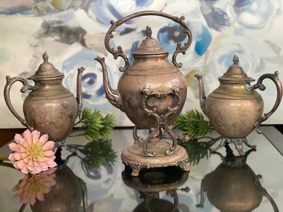 W.M.Rogersアンティークティーセット Antique Teapot Silverplated Victorian WM Rogers Kettle Hanging