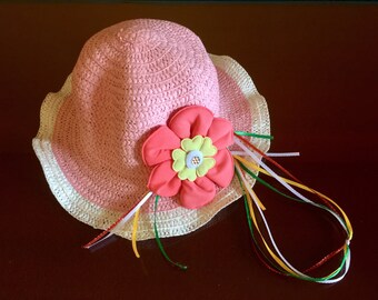 Girls Floral Pink Paper Straw Sun Hat Baby Girls Summer Picnic  Beach Wedding Accessories Retro Kids Toddler Birthday Gift White 5 years Old