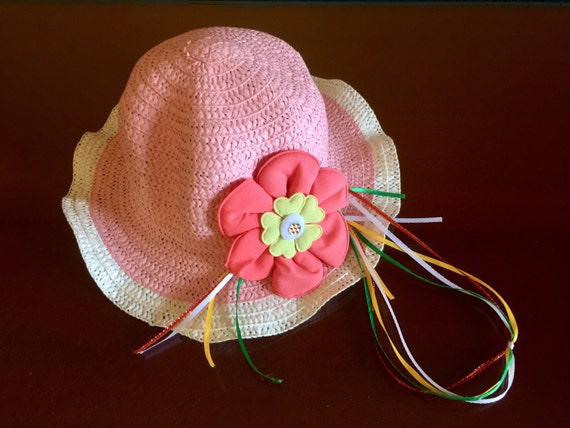 Girls Floral Pink Paper Straw Sun Hat Baby Girls … - image 1