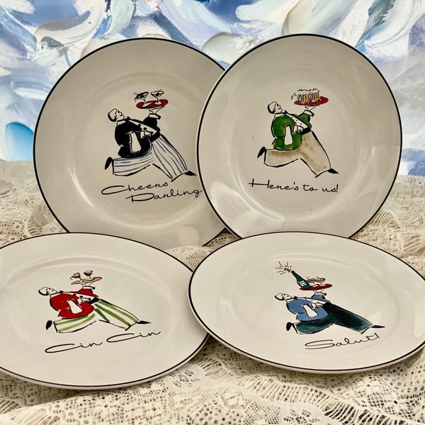 Salad Plates Italian Waiter Art Serving Set Butler Dessert Cocktail Appetizer Table Wine Toast Bottle Bar Retro Kitchen Bistro Cafe Display