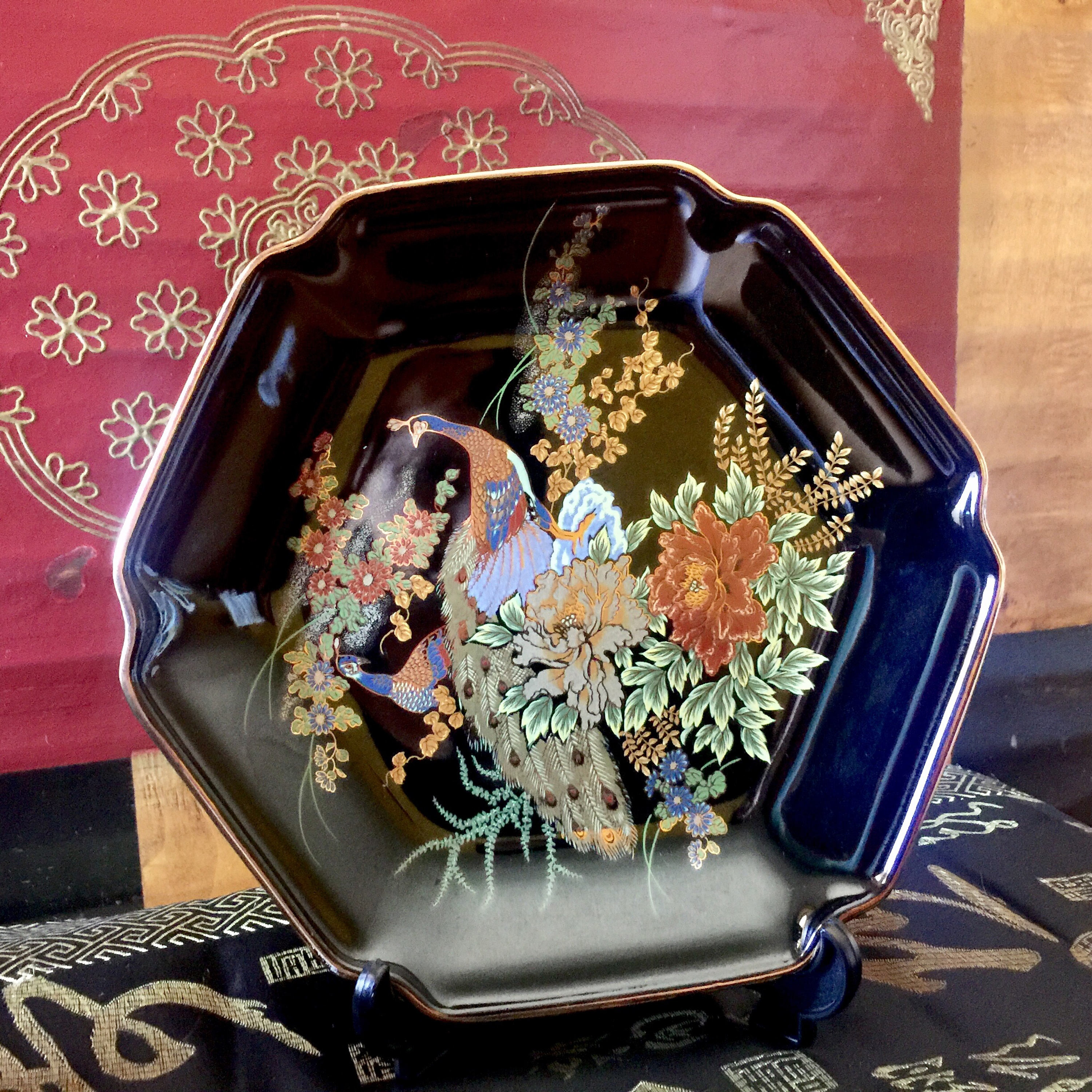 Peacock Floral Japanese Black Plate Birds Fine Porcelain Gold Hand