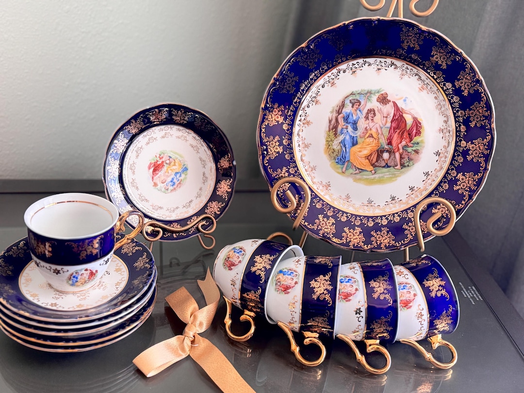 Victorian Women Tea Cups Czech Bohemia MZ Cobalt Blue Porcelain