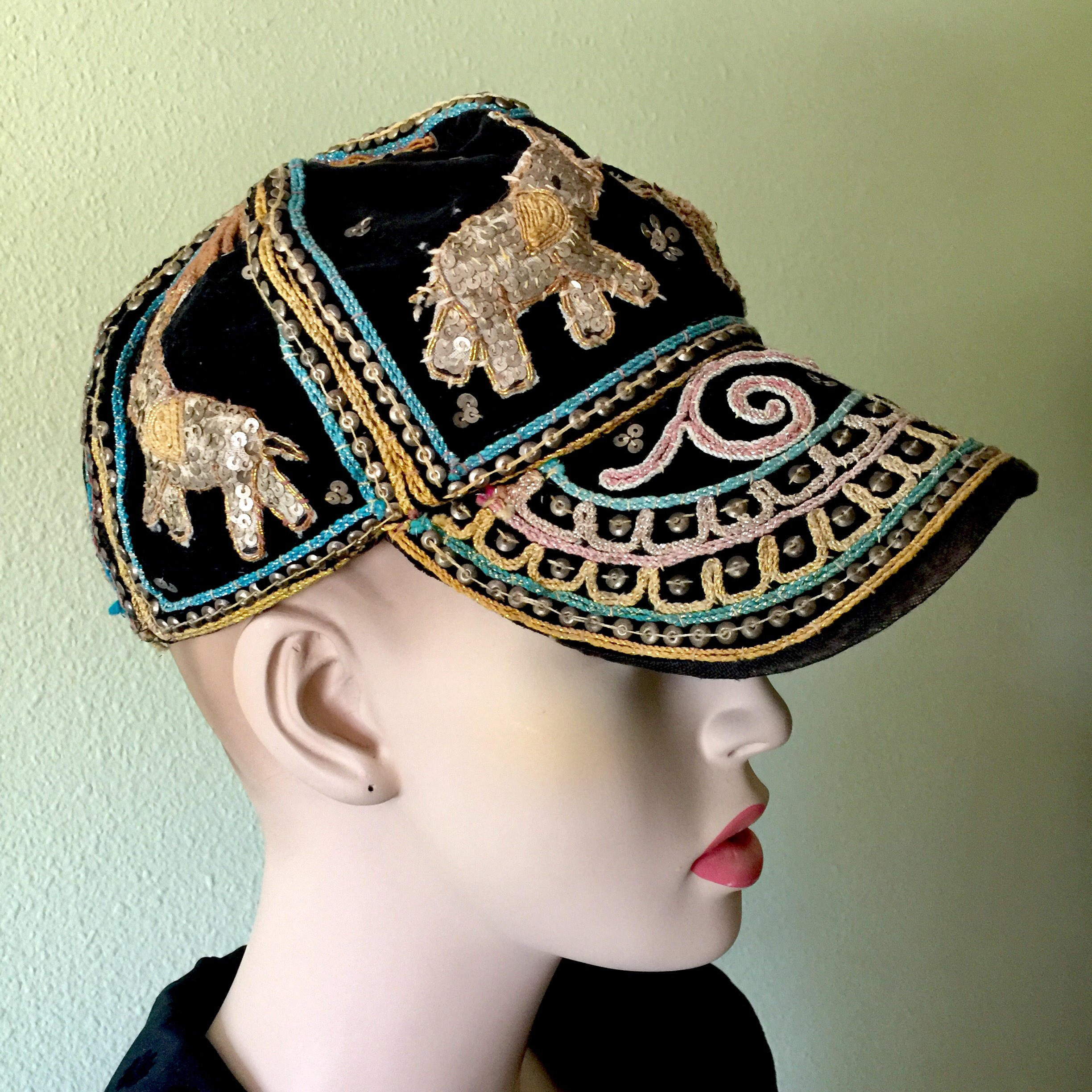 VTG Elephant Beaded Velvet Cap Ethnic Boho Festival Burmese Myanmar Vintage Adult Embroidered Sequin Beaded Thailand Elephants  main image 2
