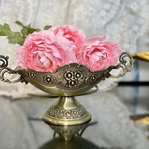 Brass Footed Vase Antique Gold Repoussé Floral Oval Bowl Pedestal Victorian Wedding Centerpiece Vanity Decor Handles Medieval Vase Art Deco