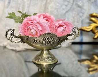 Brass Footed Vase Antique Gold Repoussé Floral Oval Bowl Pedestal Victorian Wedding Centerpiece Vanity Decor Handles Medieval Vase Art Deco