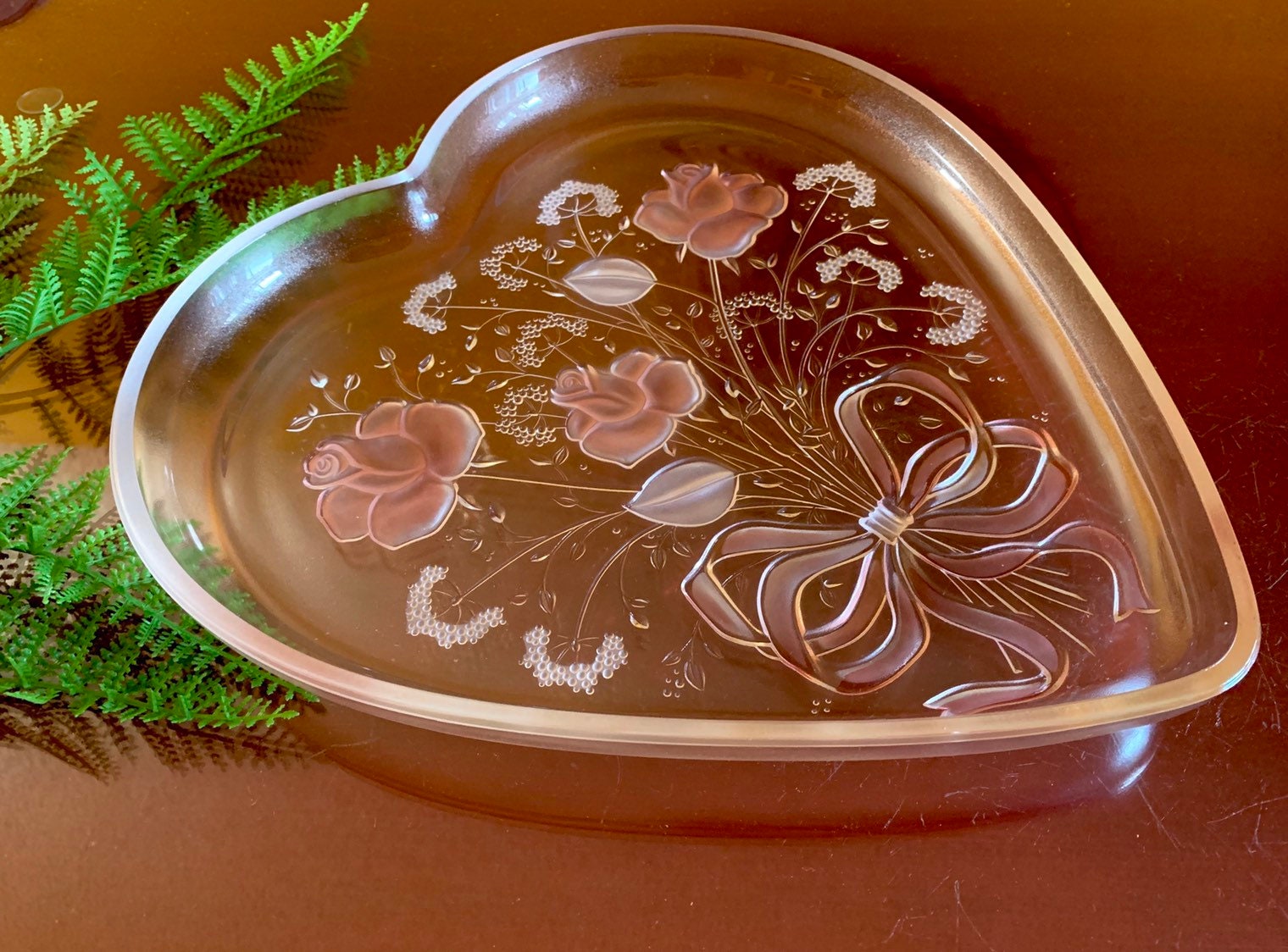 Mikasa Crystal Pink Roses Heart Plate Large Wedding Pastel Flower