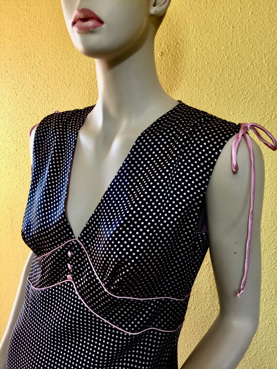 Polka Dot Silk Dress Retro Black Pink Buttoned Fi… - image 4
