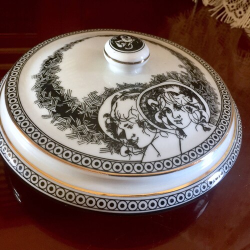 Endre Szasz Art Deco Box Jewelry Dish Porcelain Container shops Victorian Couple Portrait 1920s Bridal Gift Gold Wedding Vanity Decor Black White