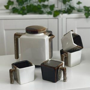 Teapot Square Cups Pier 1 Imports Tri-Color Brown Bubble Glazed Tea Party Kitchen Ceramic Midcentury Modern Home Farmhouse Decor Geometric