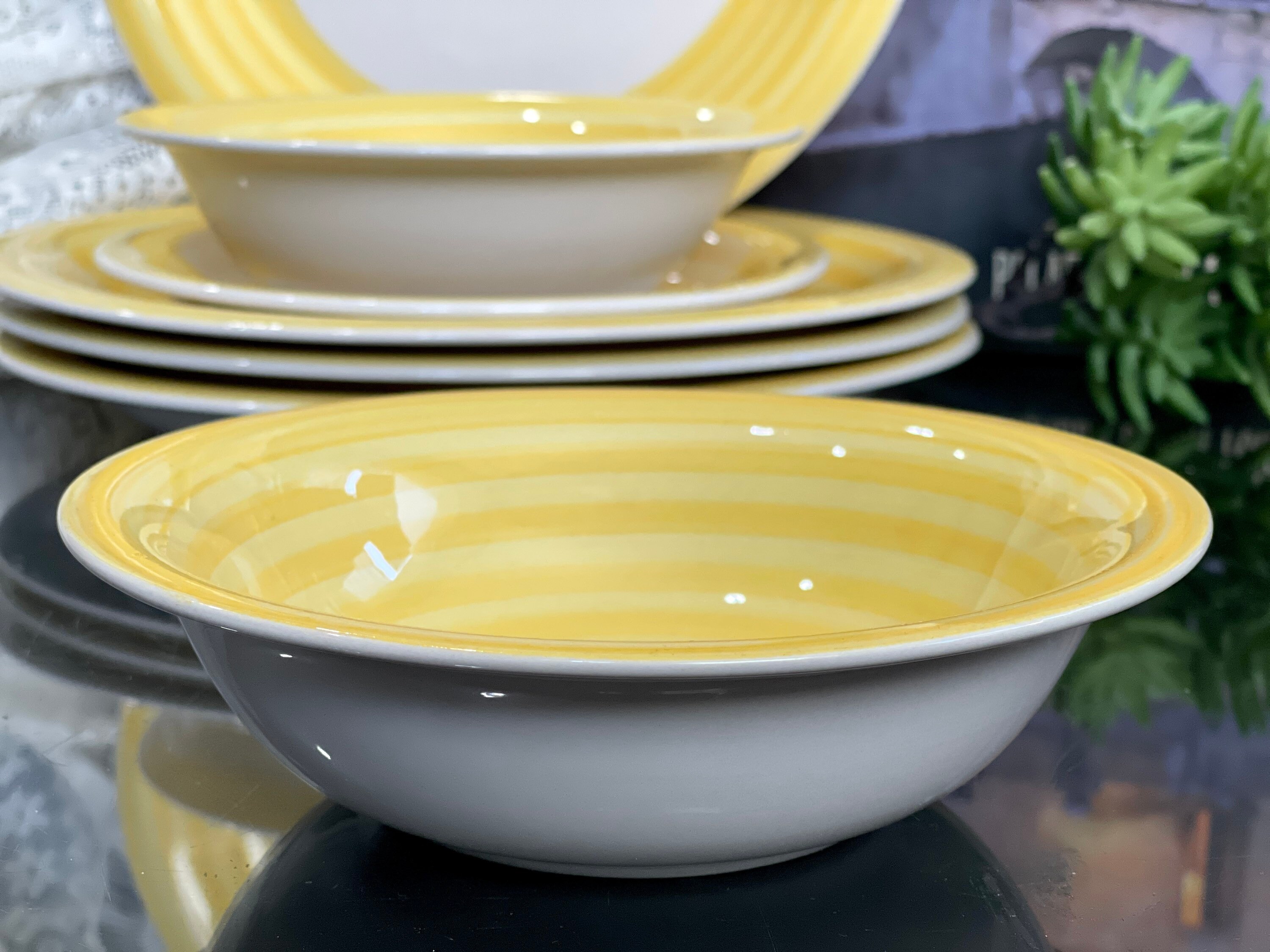 Vintage Ceramic 80s Swirl Yellow Dinner Set Stoneware Plates Soup