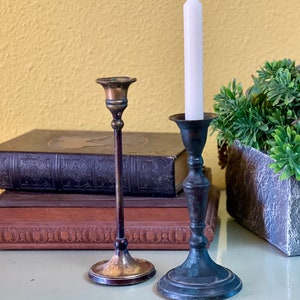 May include: Two antique brass candle holders, one tall and one short, with a white candle in the taller holder. The candle holders are on a stack of books with a potted succulent plant in the background.