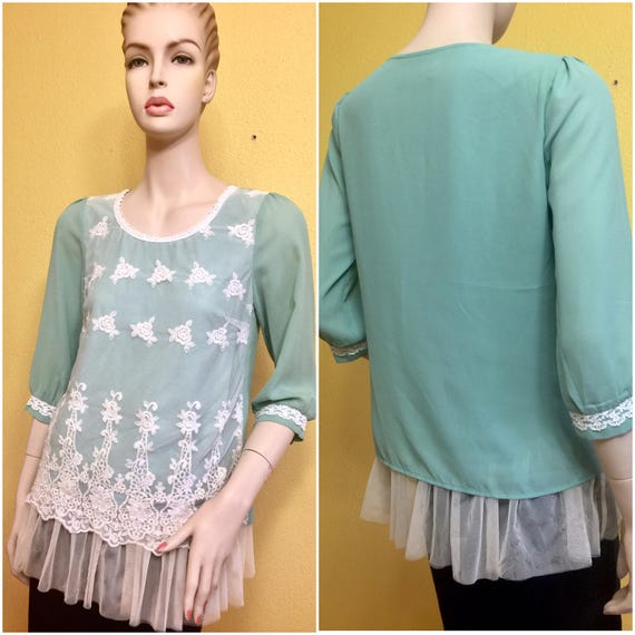 Ivory Crochet Mint Green Lace Top Rose Ruffle Tull