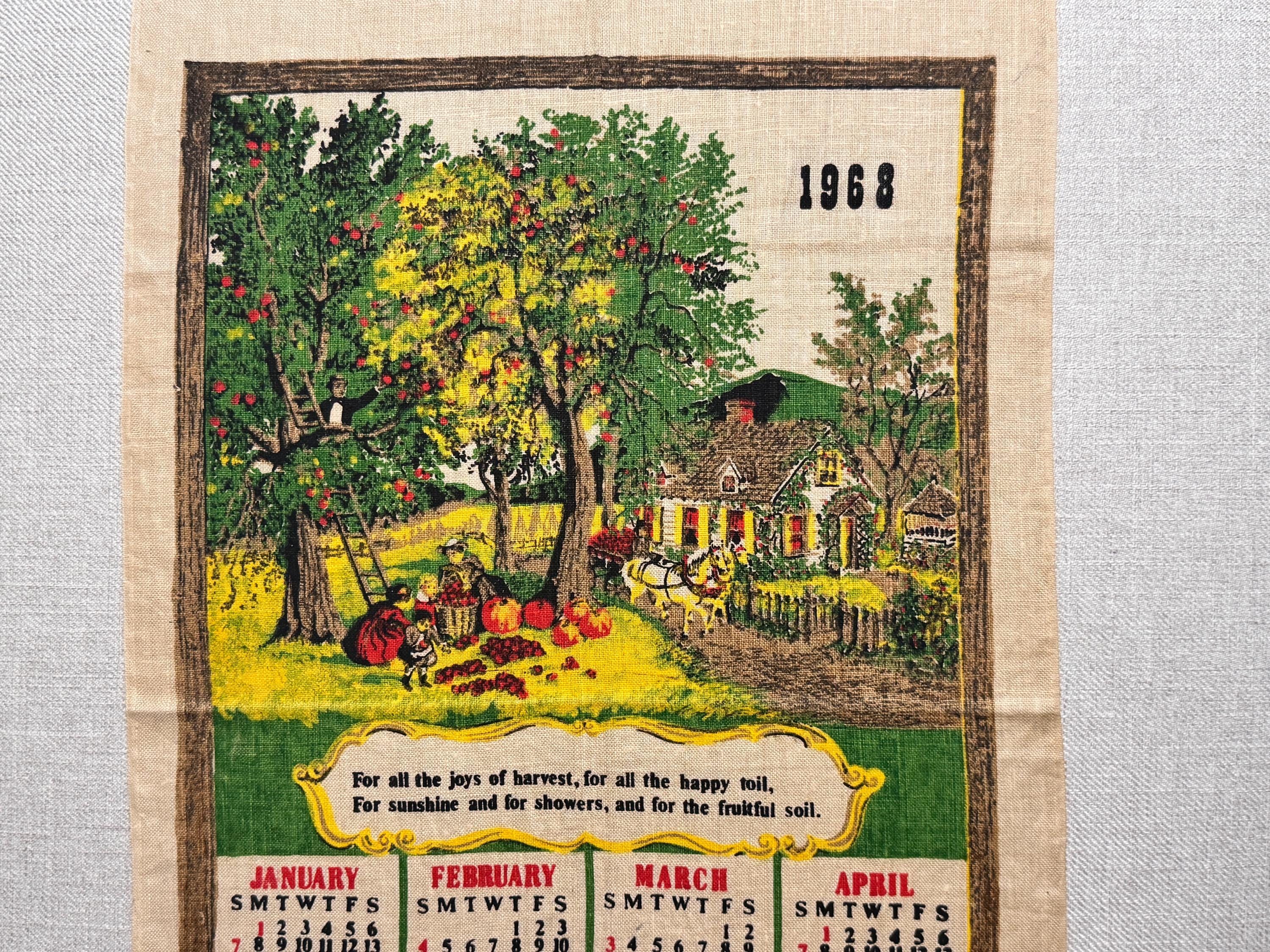 1968 Calendar Harvest Art Wall Hanging Kitchen Linen Canvas Nature