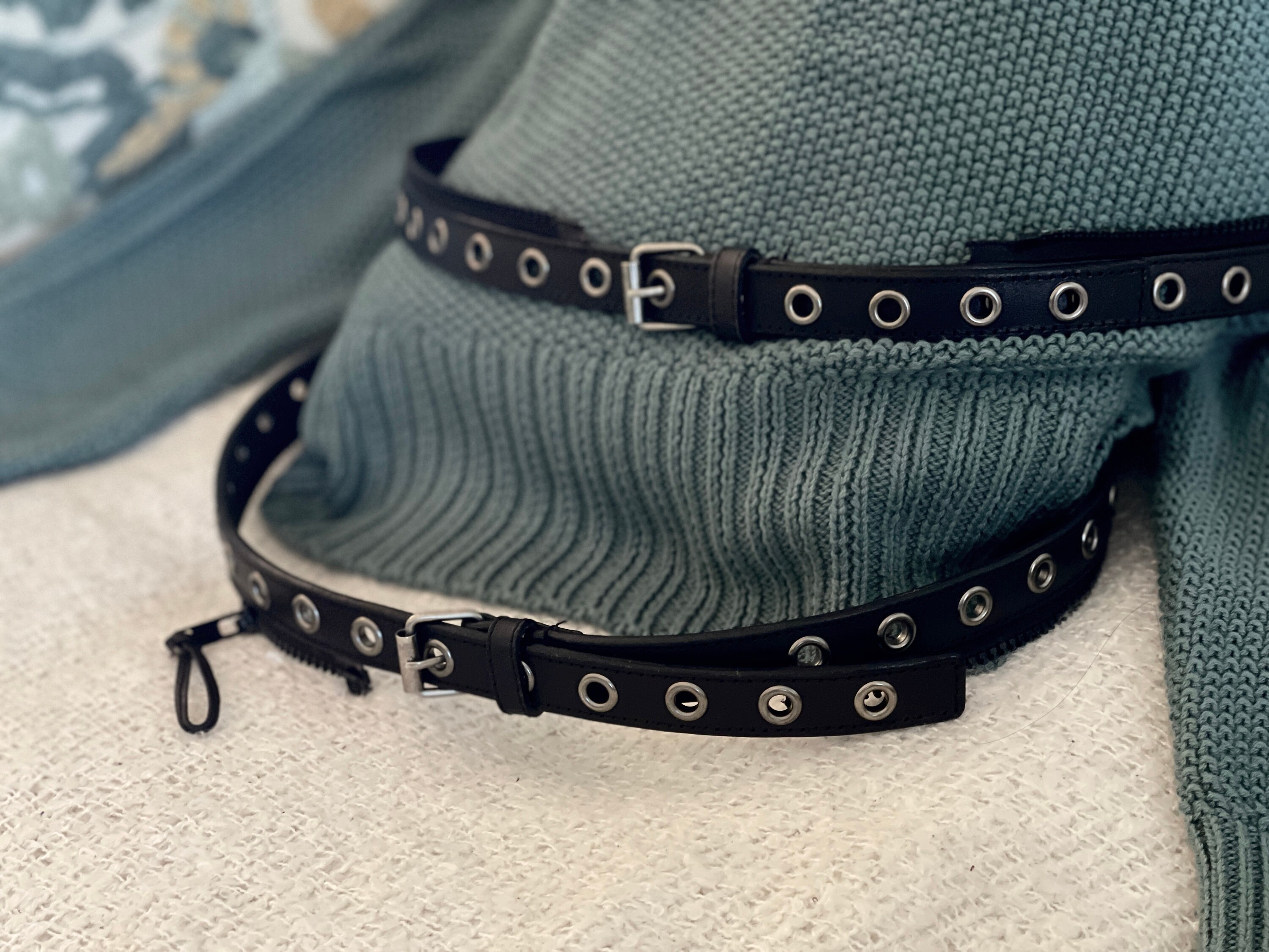 Black Studded Belt Zipper Wide 2 Layer Genuine Leather