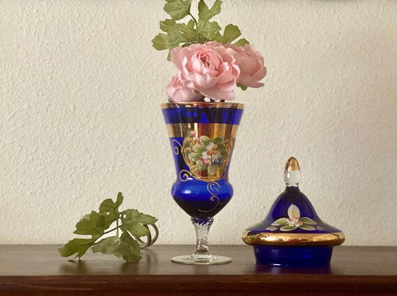 ボヘミアン　ガラス　花瓶　ヴィンテージ ボヘミアン チェコ エゲルマン ブルー ガラス アート 花瓶 花柄