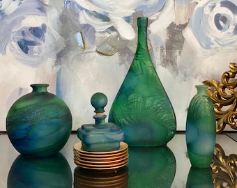 Colored Art Glass Vase Spain Hand Painted Decorative Peacock Feather Blue Green Bottles Apothecary Perfume Decanter Nature Beach Midcentury