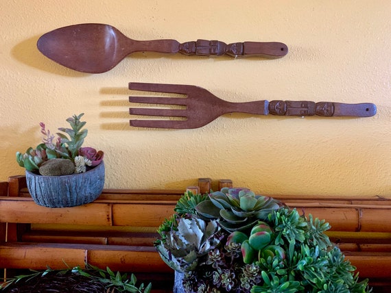 Wooden Spoon Fork Tiki Totem Kitchen Wall Art Hanging Large Etsy